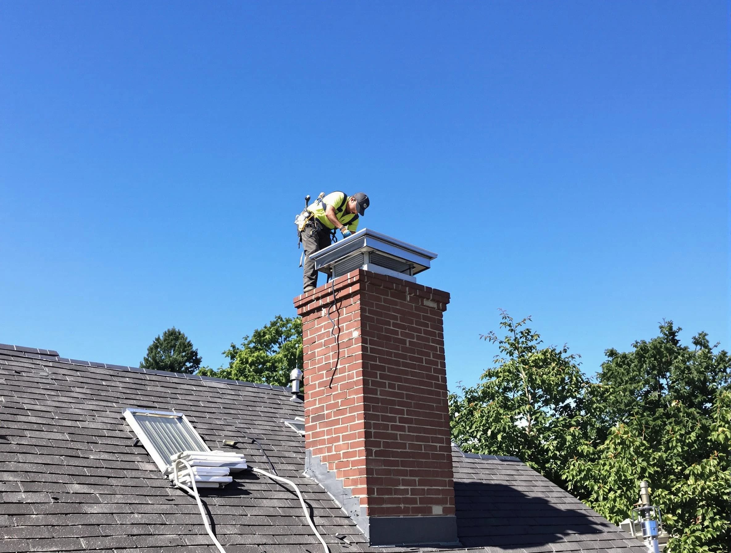 Dracut Chimney Sweep technician measuring a chimney cap in Dracut, MA